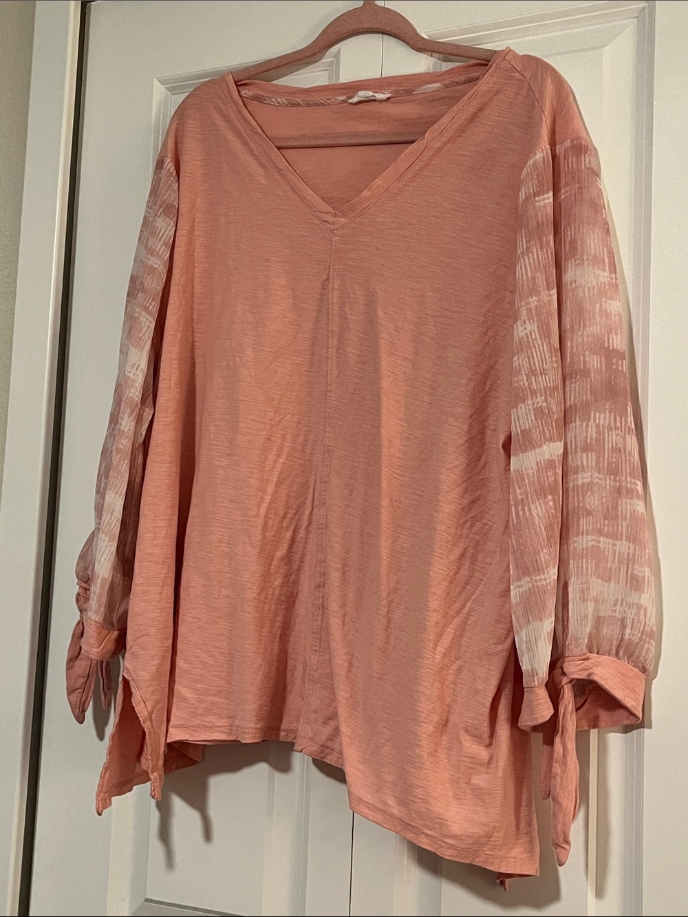 Westbound Dusty Coral V-Neck Tunic with Patterned Sheer Sleeves